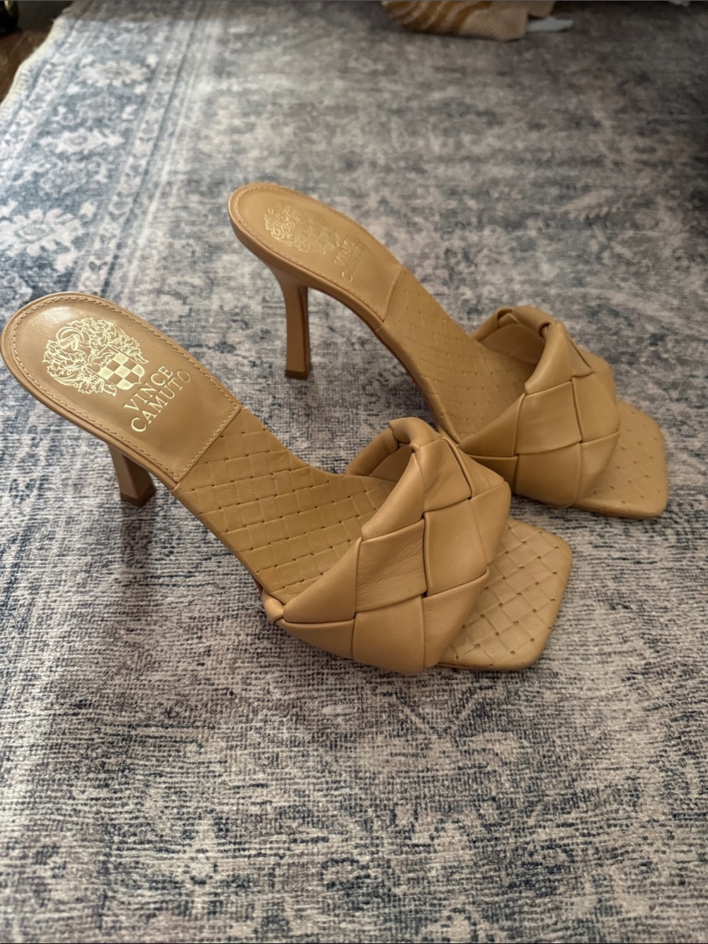 Vince Camuto Tan Woven Leather Heeled Mules